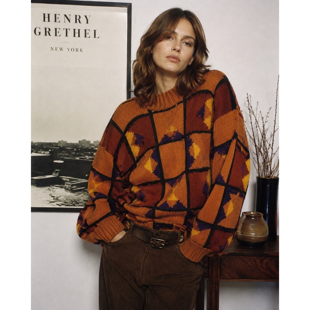 Vintage Henry Grethel 90s Geometric Chunky Knit Cotton Sweater Orange Large